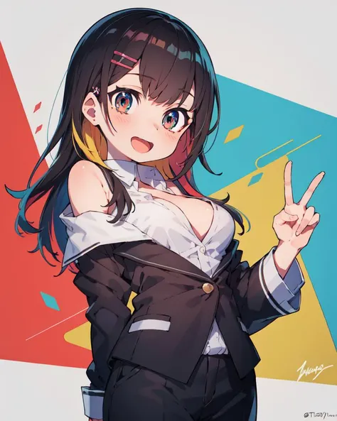 masterpiece, best quality, highly detailed,absurdres, anime
petite girl, 
 , classroom,
,(indoors:1.2),  simple background, 
,,   peace_sign, 
,,   
,off shoulder,  cleavage ,,  open mouth, 
,
,cowboy shot, 1girl, arm behind head, :D, medium breasts, multi...