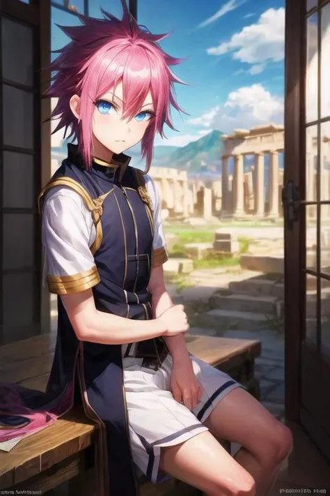 masterpiece, best quality, wallpaper, 1boy, solo, male focus, looking at viewer, , depth of field, <lora:shimon_ikaruga:0.66>, shimon_ikaruga, blue eyes, pink hair, spiked hair, , ancient greece,