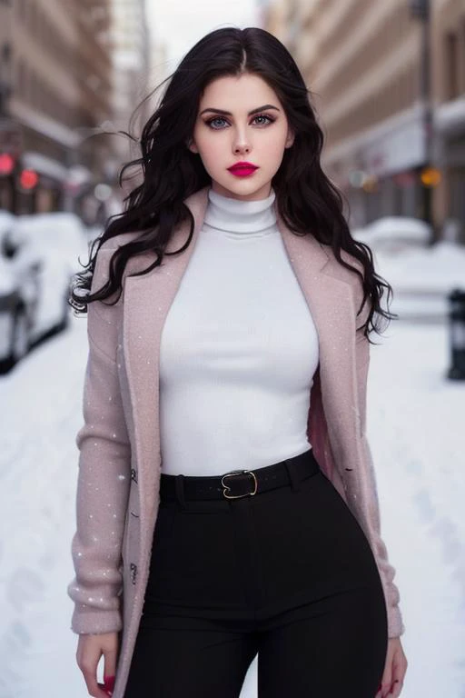 photo of alexdad:0.99, a woman, ((pale skin)), ((long hair, black hair, curly hair)), ((cowboy shot, waist, hips, thighs):1.1), ((turtleneck sweater, heavy coat, snow, city street, pants, fully clothed):1.2), serious, ((detailed face, beautiful face, detai...