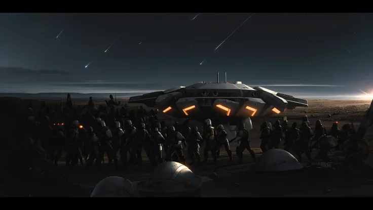 a group of people standing around a large spaceship on a desert