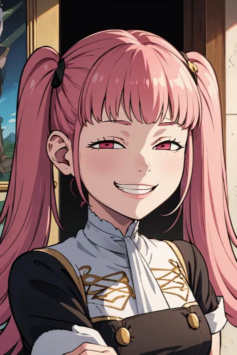 a woman with pink hair and a black shirt is smiling