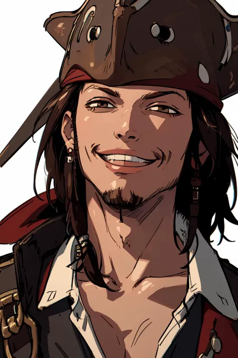 Highly detailed, High Quality, Masterpiece, beautiful, IncrsAnyasHehFaceMeme, grin, smug, <lora:AnyasHehFaceMeme:1>, jack sparrow, brown eyes, hat, brown hair, earrings, hat, pirate, jewelry, shirt, short hair, white shirt,  <lora:Char_Sigmas_JackSparrow:1...