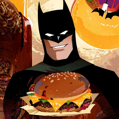 batman holding a large hamburger with a large sandwich on it