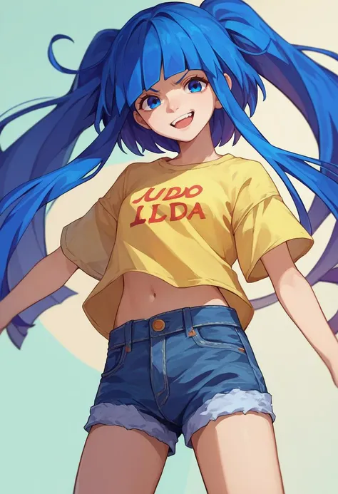 score_9, score_8_up, score_7_up, source_anime, 1girl, furudo erika, blue hair, blue eyes, twintails, yellow t-shirt, denim shorts,  <lora:Furudo Erica1-000012:1>