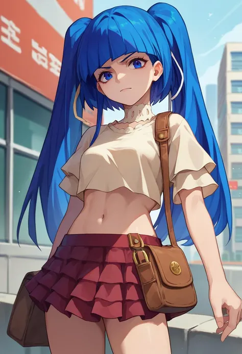 score_9, score_8_up, score_7_up, source_anime, 1girl, furudo erika, blue hair, blue eyes, twintails,  crop top, microskirt, city, shoulder bag,  <lora:Furudo Erica1-000012:1>