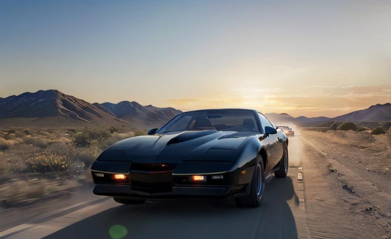 k2000k, masterpiece, trans-am, highly detailed photorealistic 8k raw photo, best cinematic quality, volumetric lighting and shadows, sidelit, driving through the desert, sunset, glowing, <lora:k2000k_v1:1>