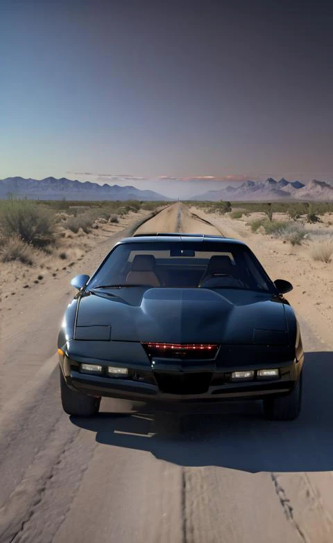 k2000k, masterpiece, trans-am, highly detailed photorealistic 8k raw photo, best cinematic quality, volumetric lighting and shadows, sidelit, driving through the desert behind a semi truck, overcast dusk, glowing bar, 80s screenshot, grainy photo, side vie...