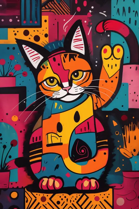 brightly colored cat with a raised paw on a colorful background