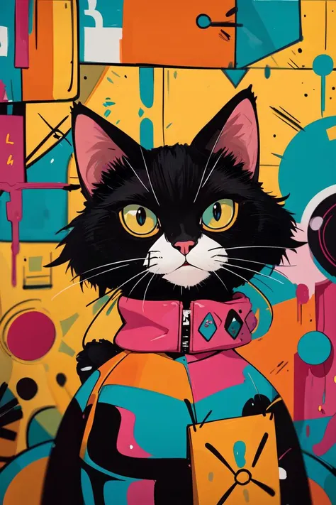 graffiti cat with a pink jacket and a yellow background