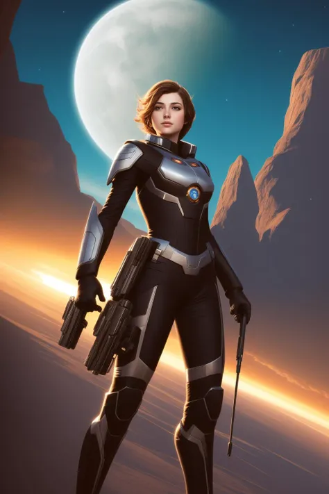 a woman in a futuristic suit holding a gun and standing in front of a full moon