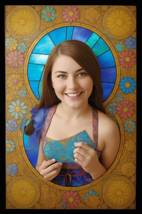 a close up of a woman holding a blue purse in front of a stained glass window