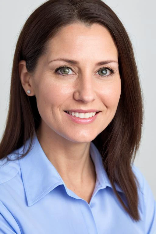 a woman with long hair and a blue shirt smiling