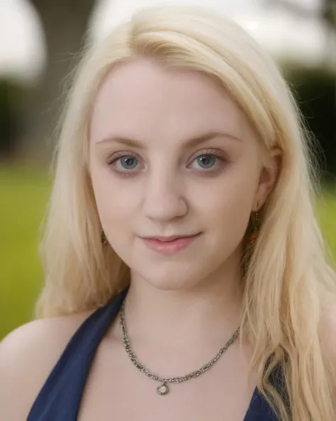 a close up of a woman with blonde hair wearing a blue dress