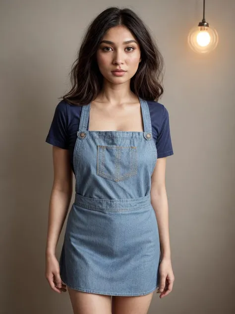 a woman in a denim dress poses for a picture