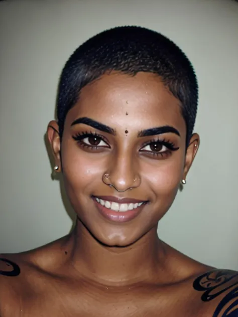 a close up of a woman with a tattoo on her chest