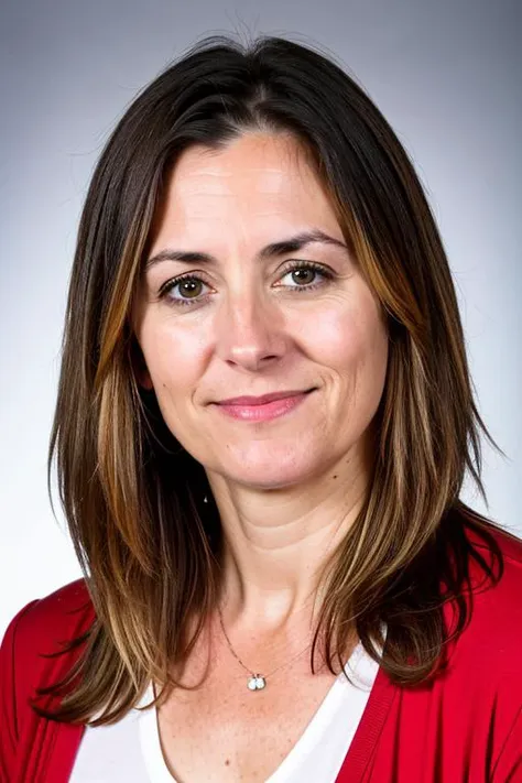 a close up of a woman with a red shirt and a white shirt