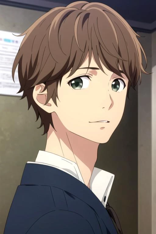 masterpiece, best quality, game cg, 1boy, solo, male focus, looking at viewer, , , , realistic, <lora:agatsuma_omoi_omoware:0.72>, agatsuma_omoi_omoware, brown hair, green eyes