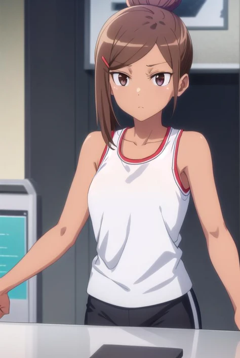 ayakauehara, <lora:ayaka uehara s1-lora-nochekaiser:1>,
ayaka uehara, brown hair, hair ornament, (brown eyes:1.5), hairclip, dark skin, hair bun, dark-skinned female, single hair bun,
BREAK shirt, white shirt, shoes, shorts, sleeveless, black footwear, sle...