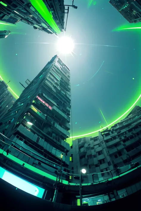 (wide angle view:1.2, fisheye:1.1, from below:1.3), cyberpunk cityscape, futuristic, green neon colors, no human, no humans,  <lora:add_detail:0.5>