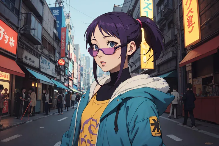 1girl, purple hair, tall ponytail, futuristic goggles, neon_blue jacket, ((Satoshi Kon anime art style)),  <lora:add_detail:0.8>,