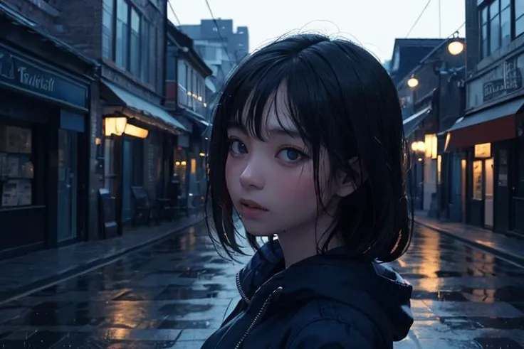 phblue, scenery, no humans, landscape,  (masterpiece,best quality:1.4), blue theme, city, dusk, 1girl, rain,cowboy shot, close up,  <lora:bluestyle:0.5>