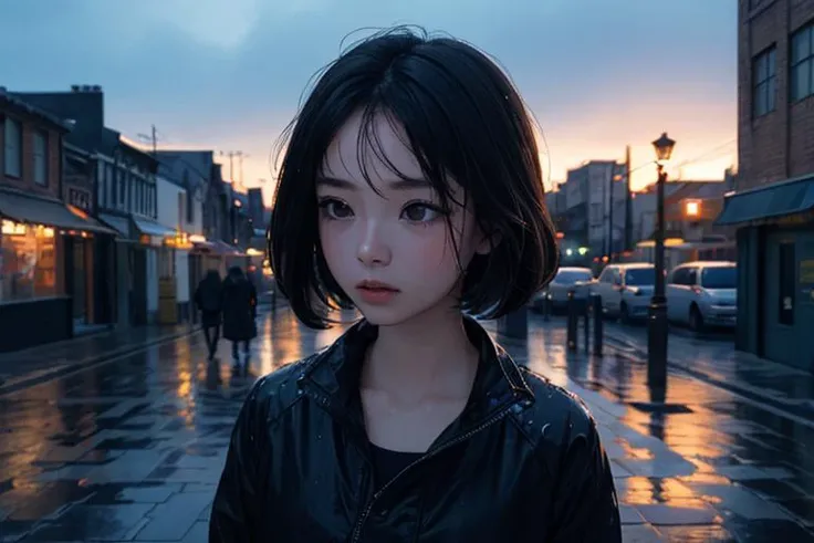 phblue, scenery, no humans, landscape,  (masterpiece,best quality:1.4), blue theme, city, dusk, 1girl, rain,cowboy shot, close up,  <lora:bluestyle:0.5>