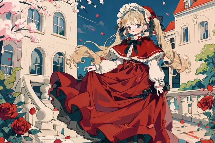 1girl, shinku, solo, bonnet, dress, red dress, blonde hair, rose, long hair, blue eyes, flower, red flower, outdoors, looking at viewer, twintails, red rose, petals, long sleeves, bow, building, skirt hold, bangs, capelet, black footwear, full body, standi...