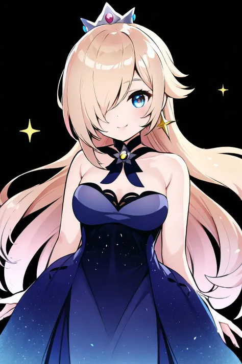 Highly detailed, High Quality, Masterpiece, beautiful, Rosalina, Rosalina_StarryNightDress, one eye covered, hair over one eye, crown, <lora:Char_MarioSeries_Rosalina:0.8>, wrench_genshin_style, <lora:Outfit_GeshinStyled:1>, smile,