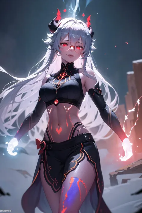 a woman with long white hair and red eyes holding a glowing ball