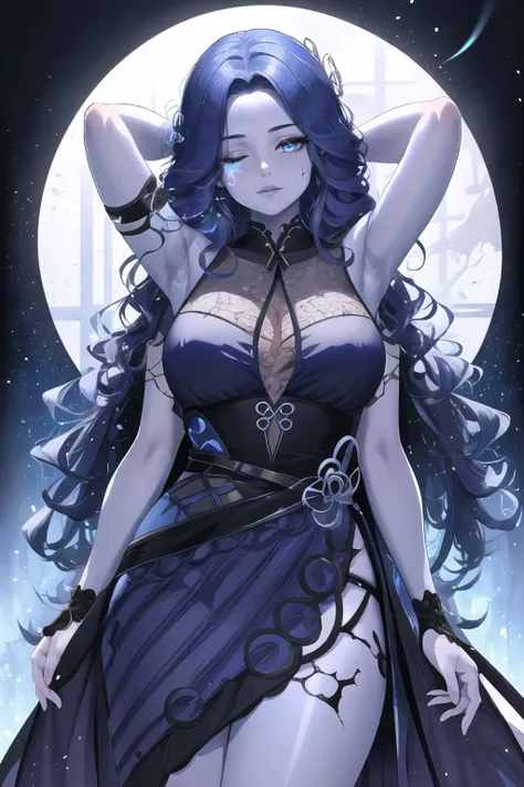 a woman with blue hair and a black dress is posing in front of a full moon