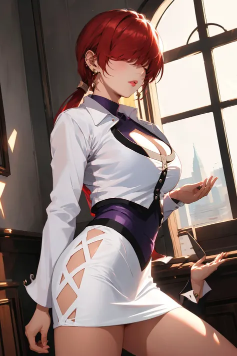 <lora:shermie_v3:0.8> she1, hair over eyes, split ponytail, clothing cutout, earrings, jewelry, miniskirt, white skirt, leotard, white jacket, long sleeves,, (masterpiece, best quality,highres, perfect hands), beautiful lighting, dutch angle,