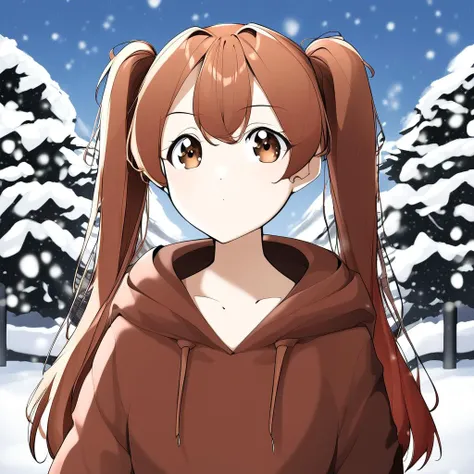 anime girl in brown hoodie standing in snow covered forest