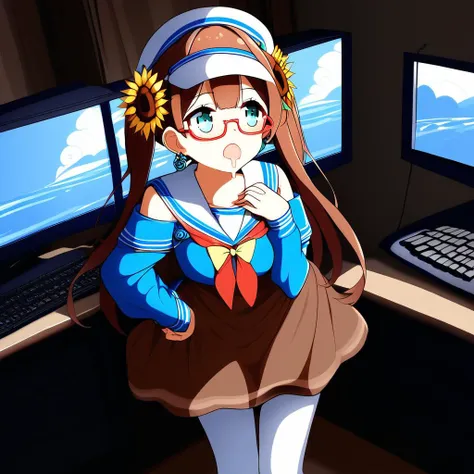 anime girl in a school uniform standing in front of a computer