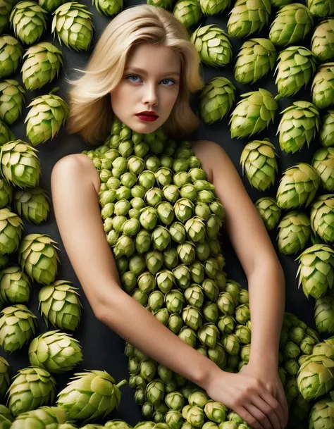 a woman laying in a pile of green hoppies