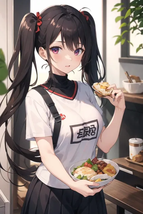 1girl, casual clothes, skirt, t-shirt, twintails, long hair, short sleeves, indoors, holding food, standing