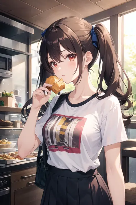 1girl, casual clothes, skirt, t-shirt, twintails, long hair, short sleeves, indoors, holding food, standing