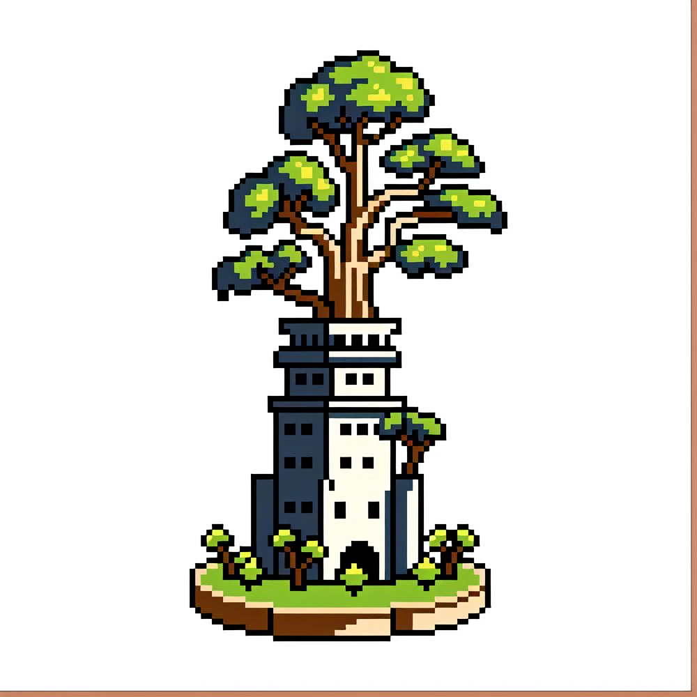 a pixel art of a small tower with a tree on top