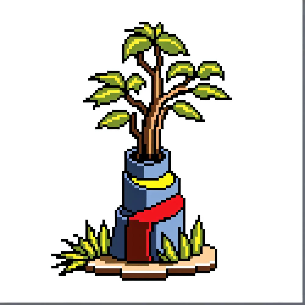 a pixel art of a plant in a vase with a red ribbon