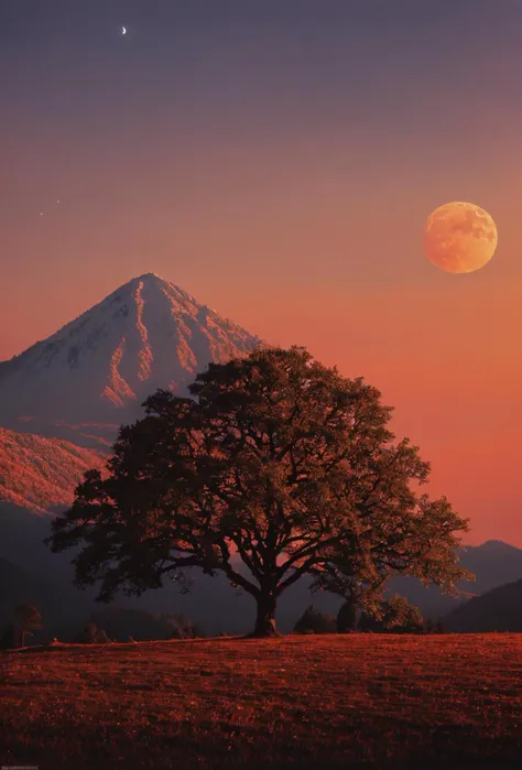 a large tree in a field with a mountain in the background