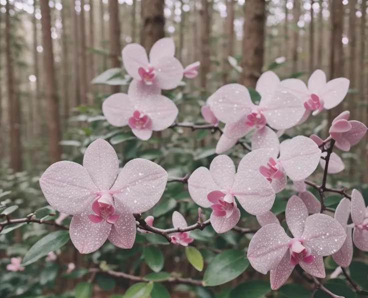 there are pink flowers that are growing in the woods