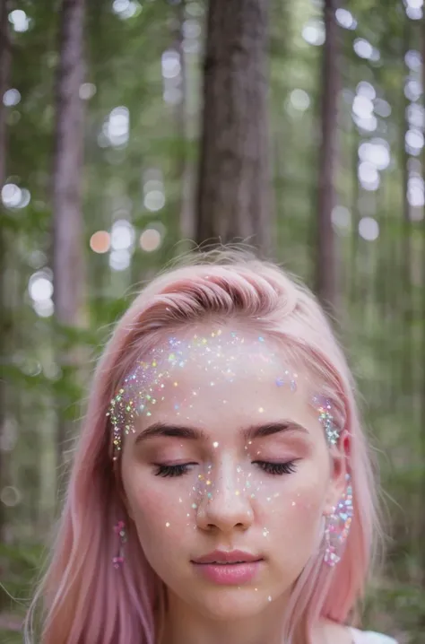 a woman with pink hair and glitter on her face in the woods