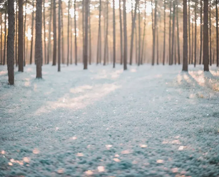 a close up of a snow covered forest with trees and grass