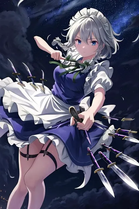 masterpiece, best quality, absurdres, ultra detail,<lora:GoodHands-vanilla:0.8> <lora:anmnr01:0.3> <lora:add_detail:0.5>,  1girl, izayoi_sakuya_touhou <lora:izayoi_sakuya_touhou:0.7>,floating air,knife,many knives flying,hold knife,night sky,outdoor