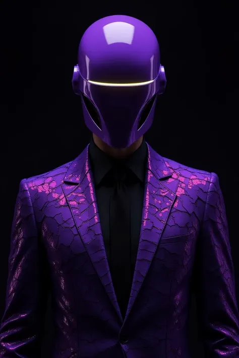 a futuristic figure clad in a shiny purple suit stands out, its helmet smooth and reflective with a glowing horizontal visor emi...