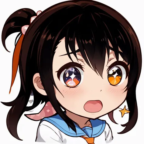 anime girl with black hair and orange eyes with a ponytail