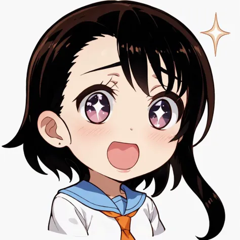 anime girl with black hair and blue shirt and orange tie