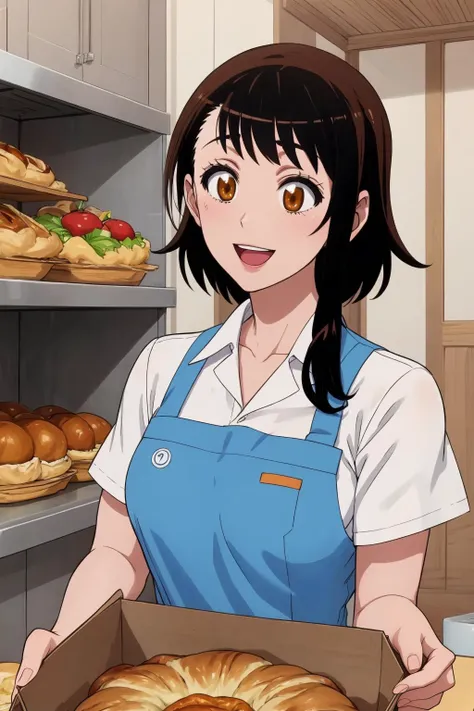 anime girl holding a box of bread in front of a shelf of pastries