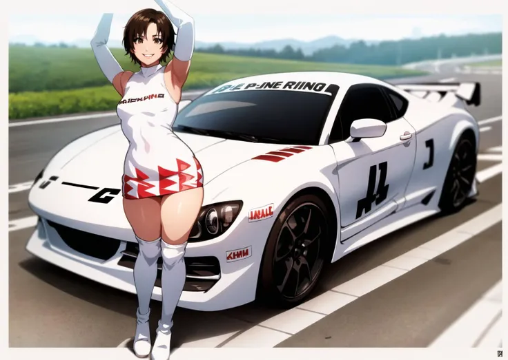 <lora:reiko:1> reiko, brown eyes, white dress, short dress, race queen, smiling  elbow gloves, white footwear, knee boots, small breasts, standing next to a grey race car,  at starting line on  a race  track