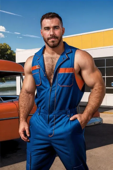 arafed man in overalls standing in front of a car