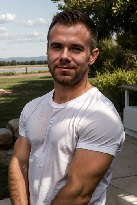 (closeup) face portrait of matthew_bosch contemplatively gazing towards the horizon wearing a crisp white shirt, rolled up sleeves, contemplative, hopeful, and forward-looking mood, <lora:matthew_bosch-07:1>, heartland beauty, rustic and serene, blurred ba...